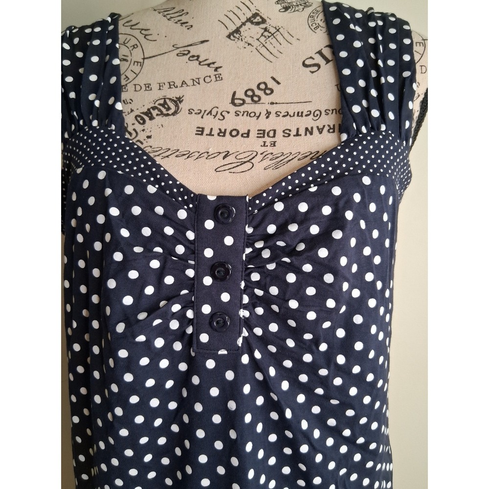 Les Collections Mat Women Navy Blue White Polka Dot Sleeveless Blouse Size L NWT